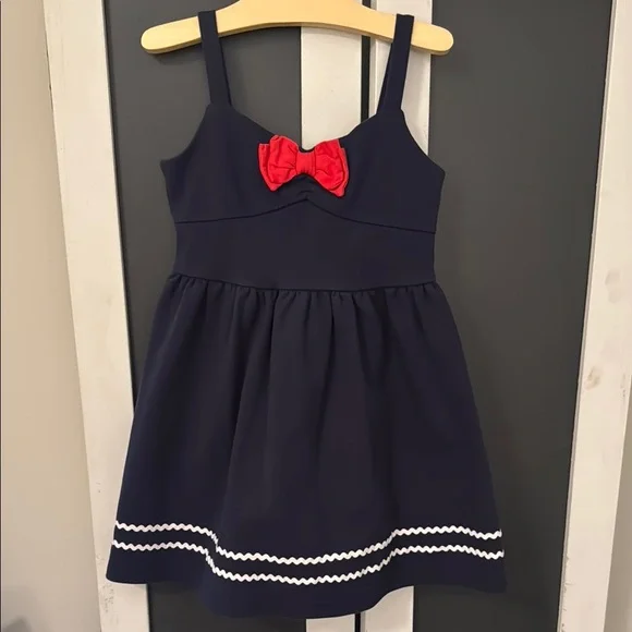 Janie and Jack Girls 6 Navy Sundress with Red Bow and White Trim - Picture 1 of 9